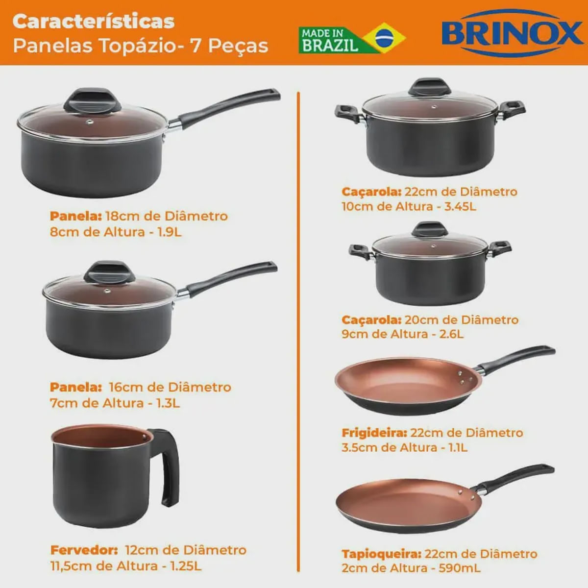 Jogo de Panelas Brinox Topázio 7 Peças Preto Range | Montreal Moda